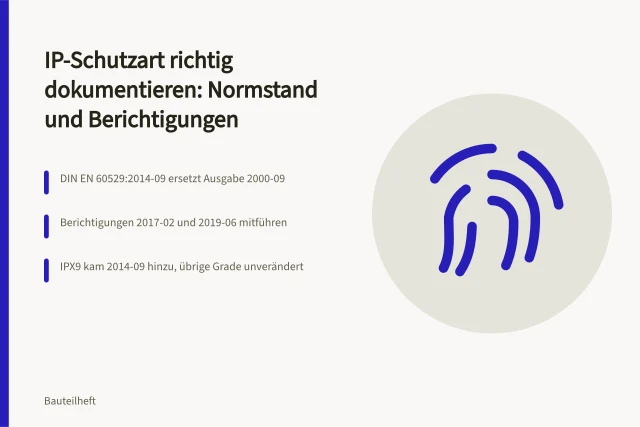 Karte zur Dokumentation von IP-Schutzarten mit Normausgabe und Berichtigungen. IP-Anforderungen richtig dokumentieren: Kennziffer, Ausgabe und Berichtigungen