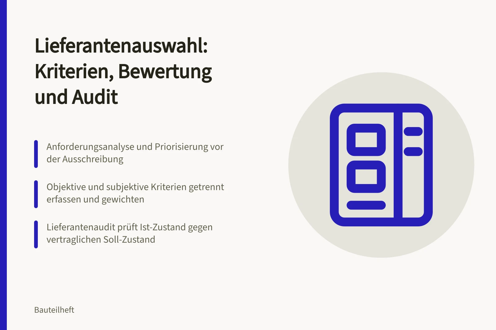 Karte zur Lieferantenauswahl mit Kriterien, Bewertung und Audit