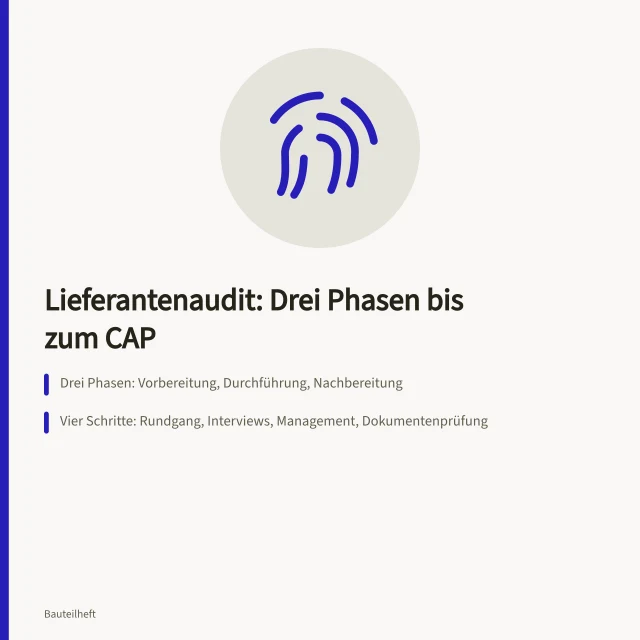 Karte zum Lieferantenaudit mit drei Phasen und Corrective Action Plan. Lieferantenaudit: Ablauf von der Vorbereitung bis zum CAP