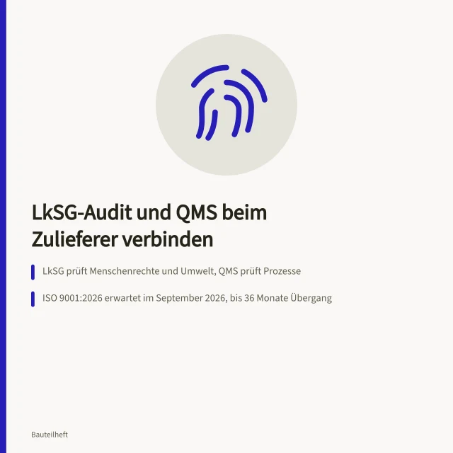 Karte zu LkSG-Audit, QMS und ISO 9001:2026 bei Zulieferern. So verbinden Sie Lieferkettensorgfalt und Qualitätsmanagement bei Zulieferern