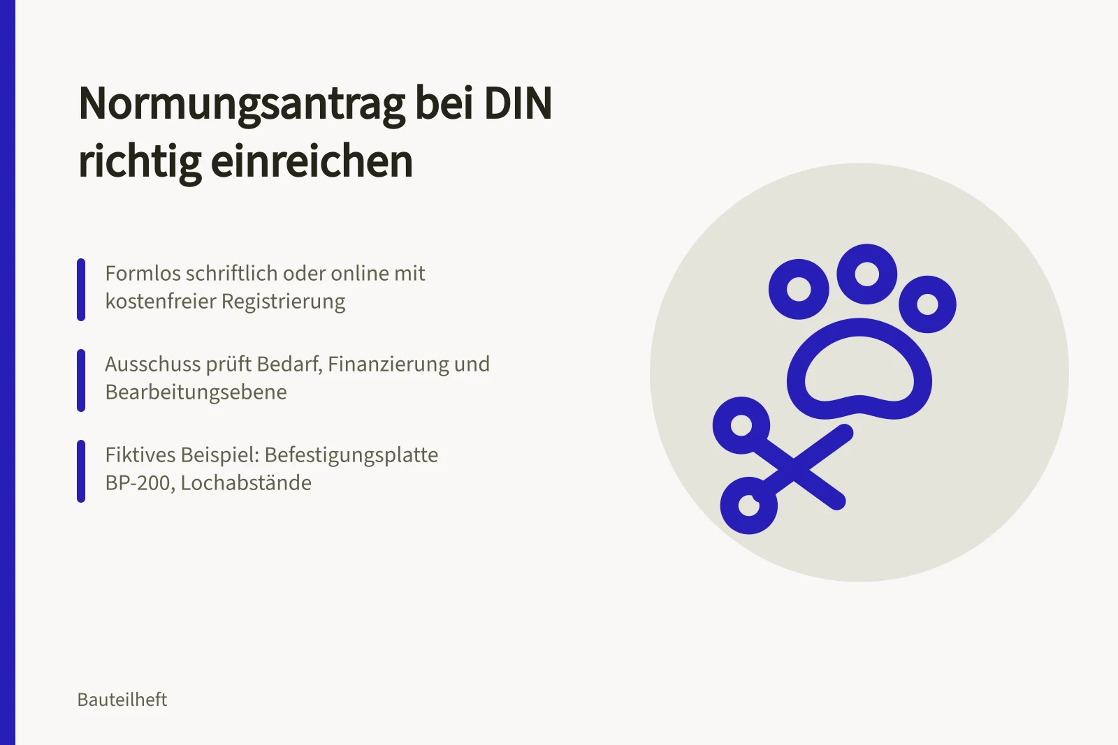 Karte zum Normungsantrag für Bauteile bei DIN mit drei Schritten