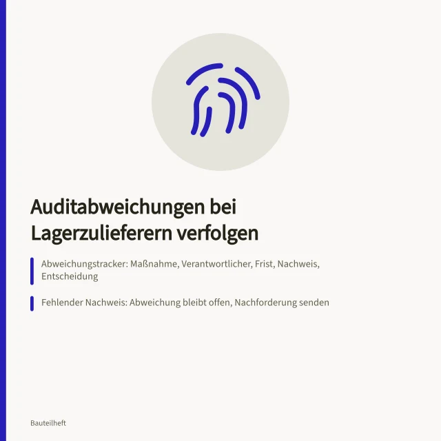 Karte zur Verfolgung von Auditabweichungen bei Lagerzulieferern mit Tracker und Eskalation. Wie verfolgen Sie Auditabweichungen bei Lagerzulieferern nach?