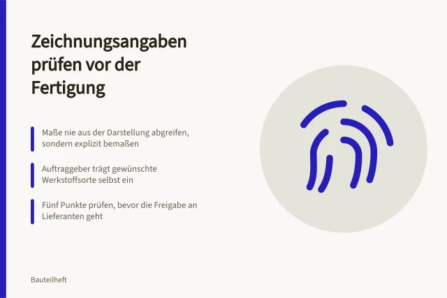 Technische Zeichnung mit Bemaßung und Werkstoffangabe vor Fertigungsfreigabe prüfen. Zeichnungsangaben vollständig prüfen bevor die Fertigung beginnt