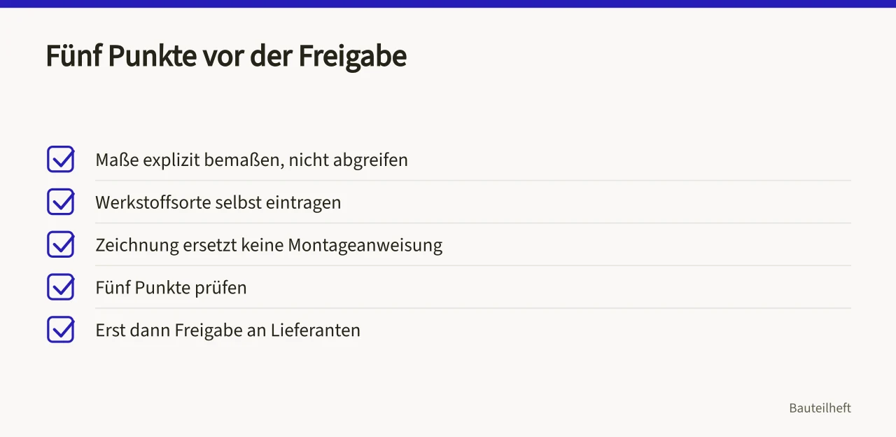 Checkliste mit fünf Prüfpunkten vor der Zeichnungsfreigabe (Zeichnungsangaben vollständig prüfen bevor die Fertigung beginnt)